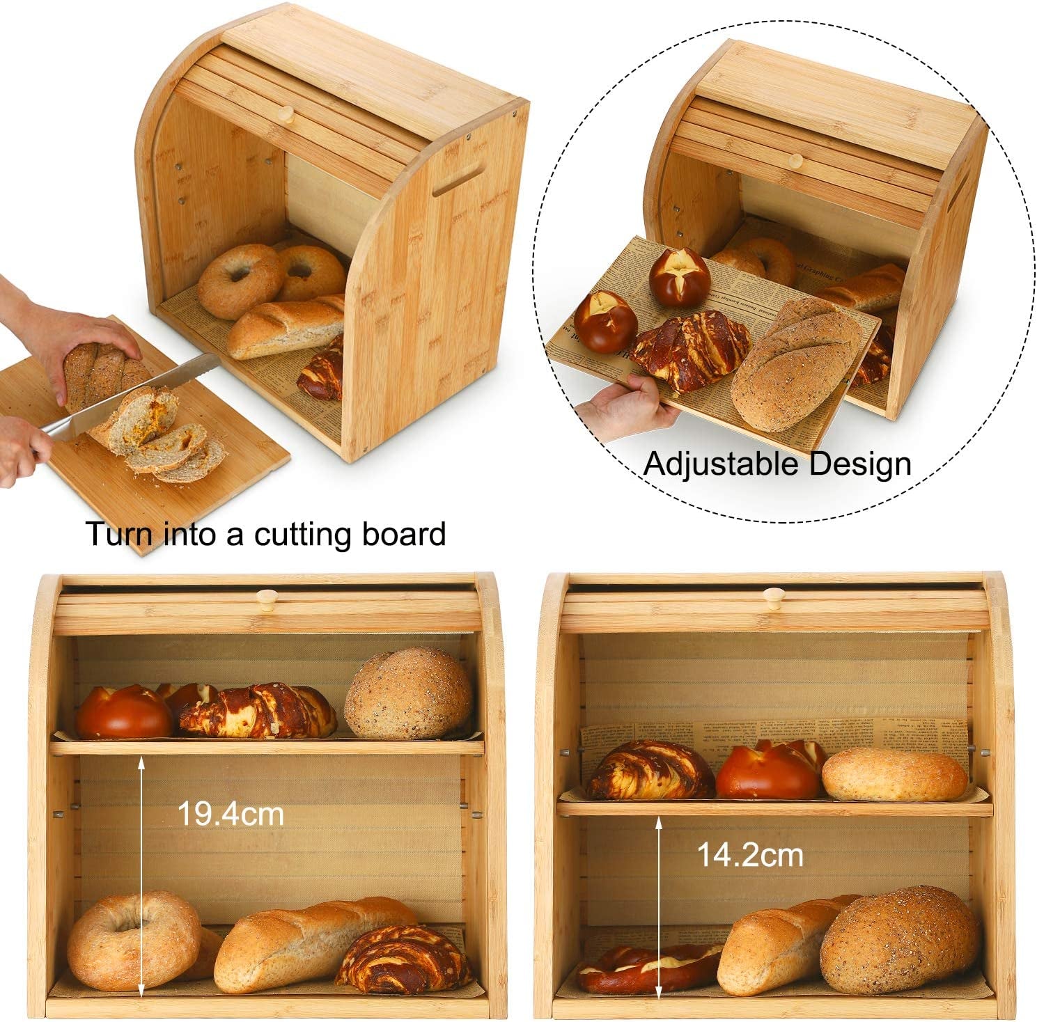 Bread Box, 2 Layer Bamboo Bread Boxes for Kitchen Food Storage, Large Capacity Bread Keeper Roll Top with Removable Layer, 15" X 9.8" X 14.2", 15 Mm Thickness (Self-Assembly)