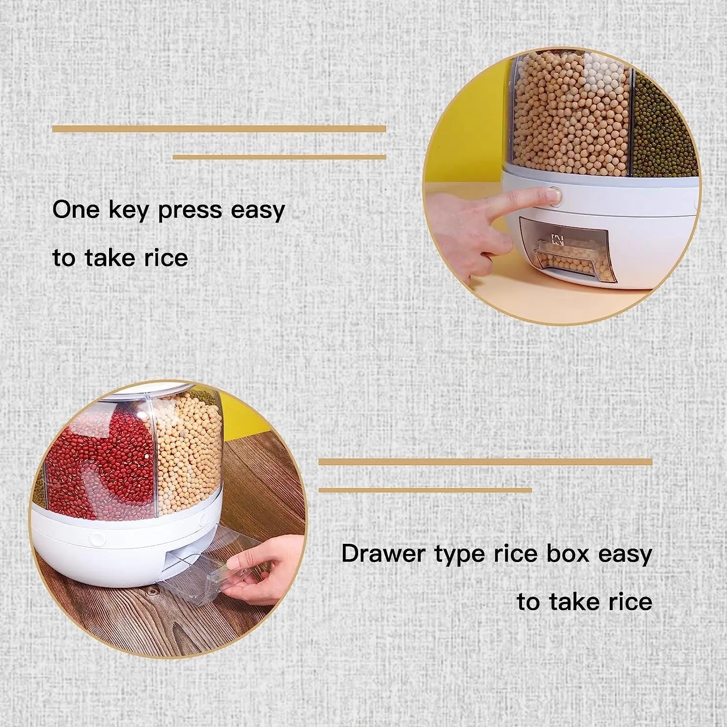 Gingersun 6In1 Rotating Grain Dispenser, 6 Compartment 360° Rotating Rice Storage Cereal Container Box Kitchen Food Divided Case with Measure Cup, 8KG Capacity