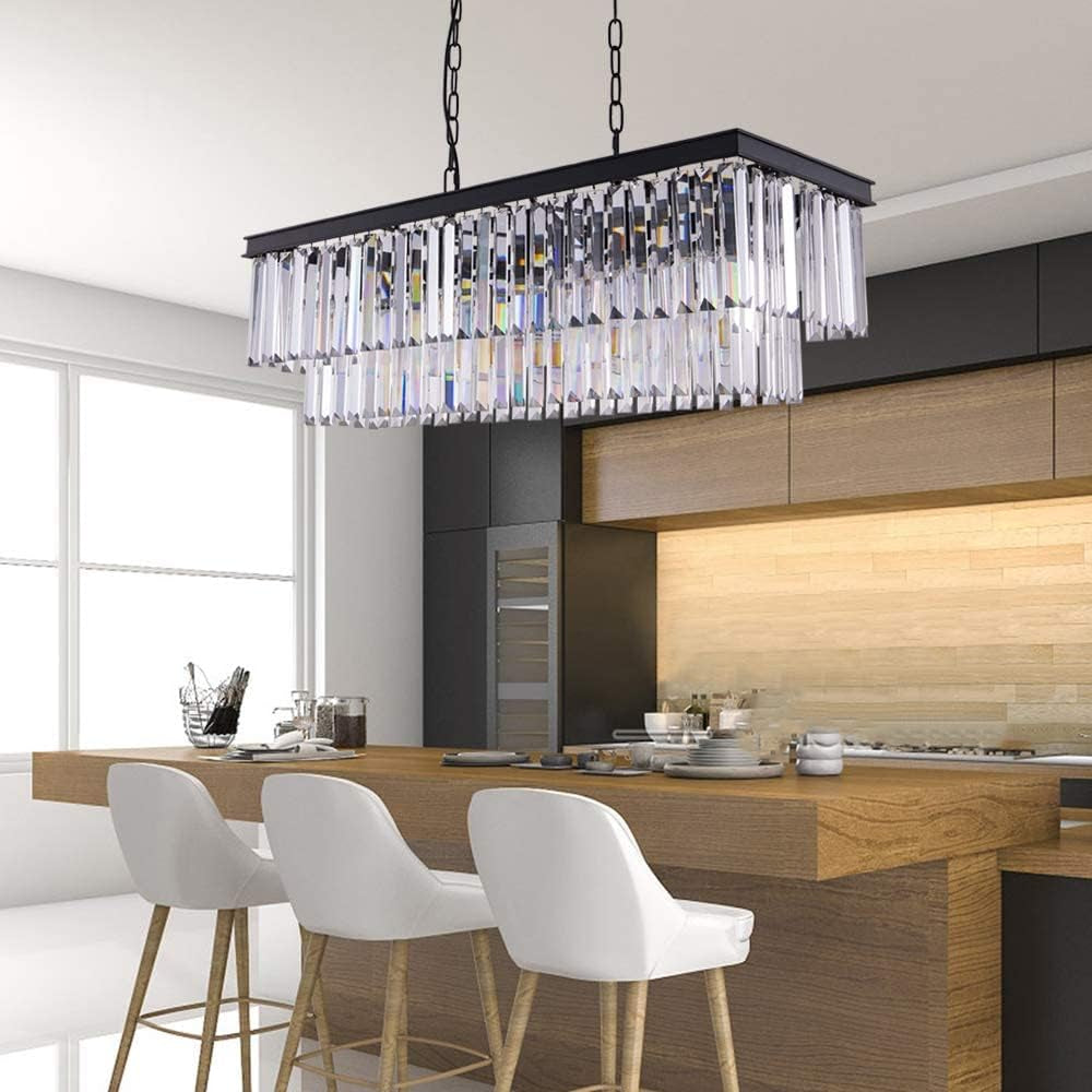 Modern Crystal Chandelier 8 Lights Black Ceiling Light L86Xw35Cm Luxury Crystal Pendant Lights Fixture 3 Colors Island Light Linear Chandeliers for Dining Room Living Room Kitchen Bulbs Included