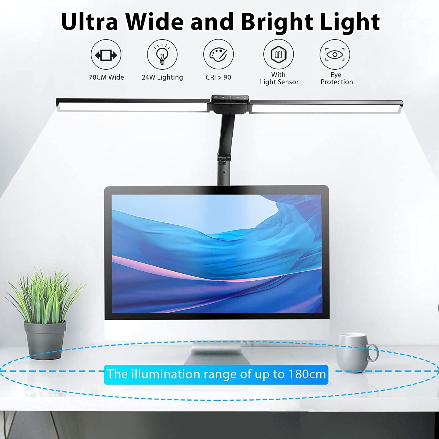 Architect Desk Lamp Monitor Light 78Cm, Double Head Clamp Lamp Desk Light,  24W Bright Workbench Office Lighting with Light Sensor, 5 Colors 5 Brightness for Working Reading Painting