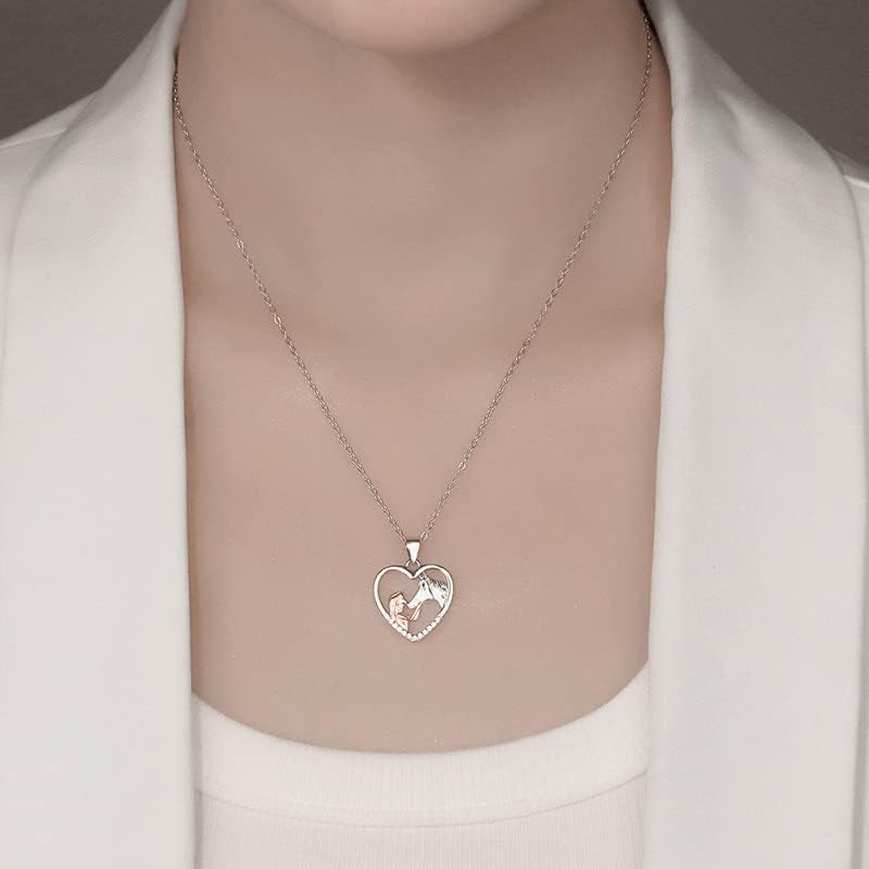 Girl and Horse Pendant Necklace for Women Horse Lover Birthday Christmas Gifts for Daughter Granddaughter Rose Gold Heart Rhinestone Necklaces for Girls
