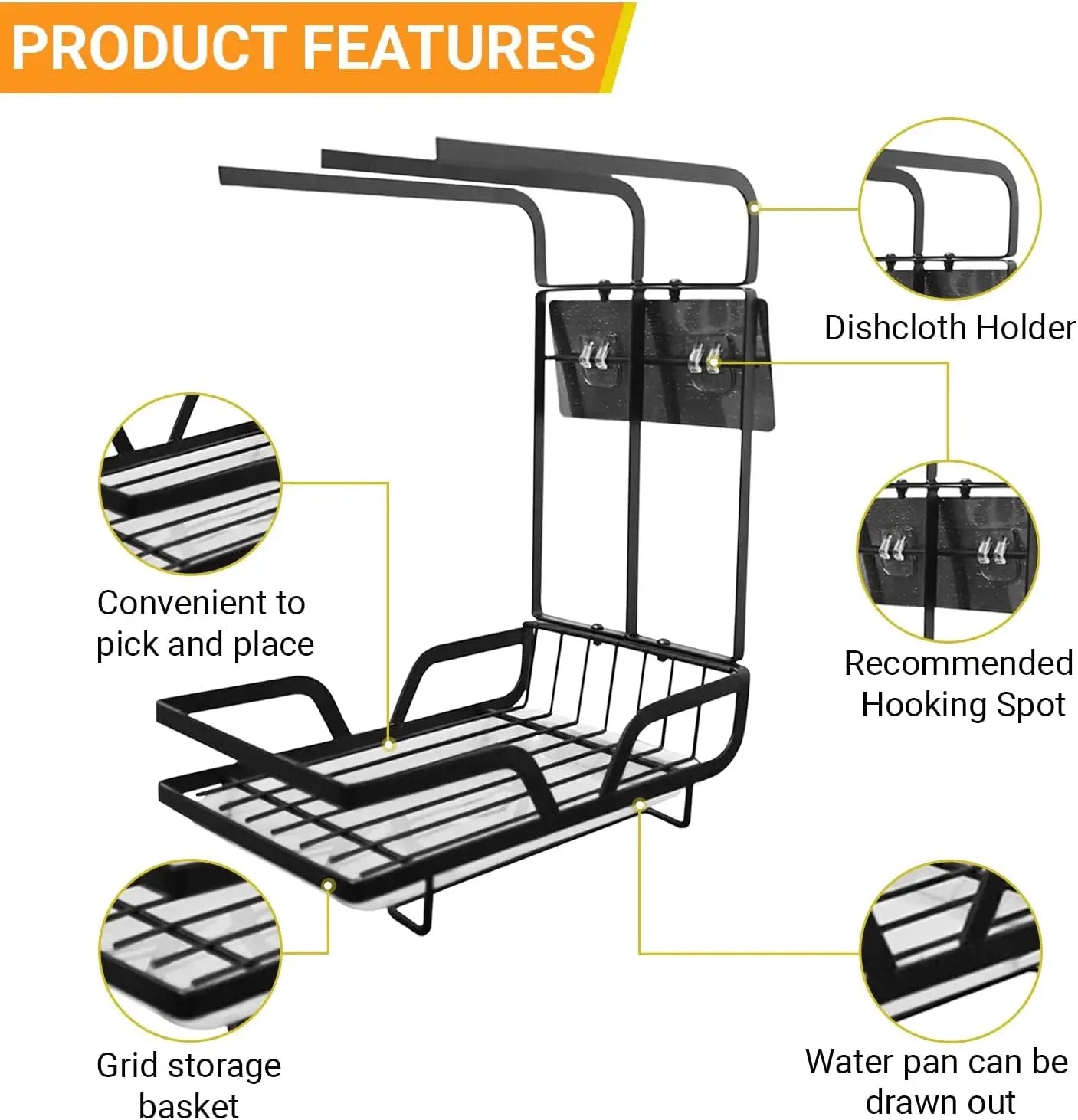 Kitchen Sink Caddy Organiser with Removal Drainage Tray, Metal Countertop Sponge & Soap Holder, Dishcloth Towel Hanger- Free Standing or Wall-Mounted (Black)
