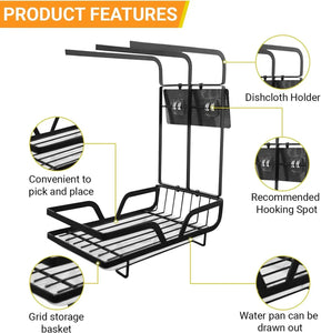 Kitchen Sink Caddy Organiser with Removal Drainage Tray, Metal Countertop Sponge & Soap Holder, Dishcloth Towel Hanger- Free Standing or Wall-Mounted (Black)