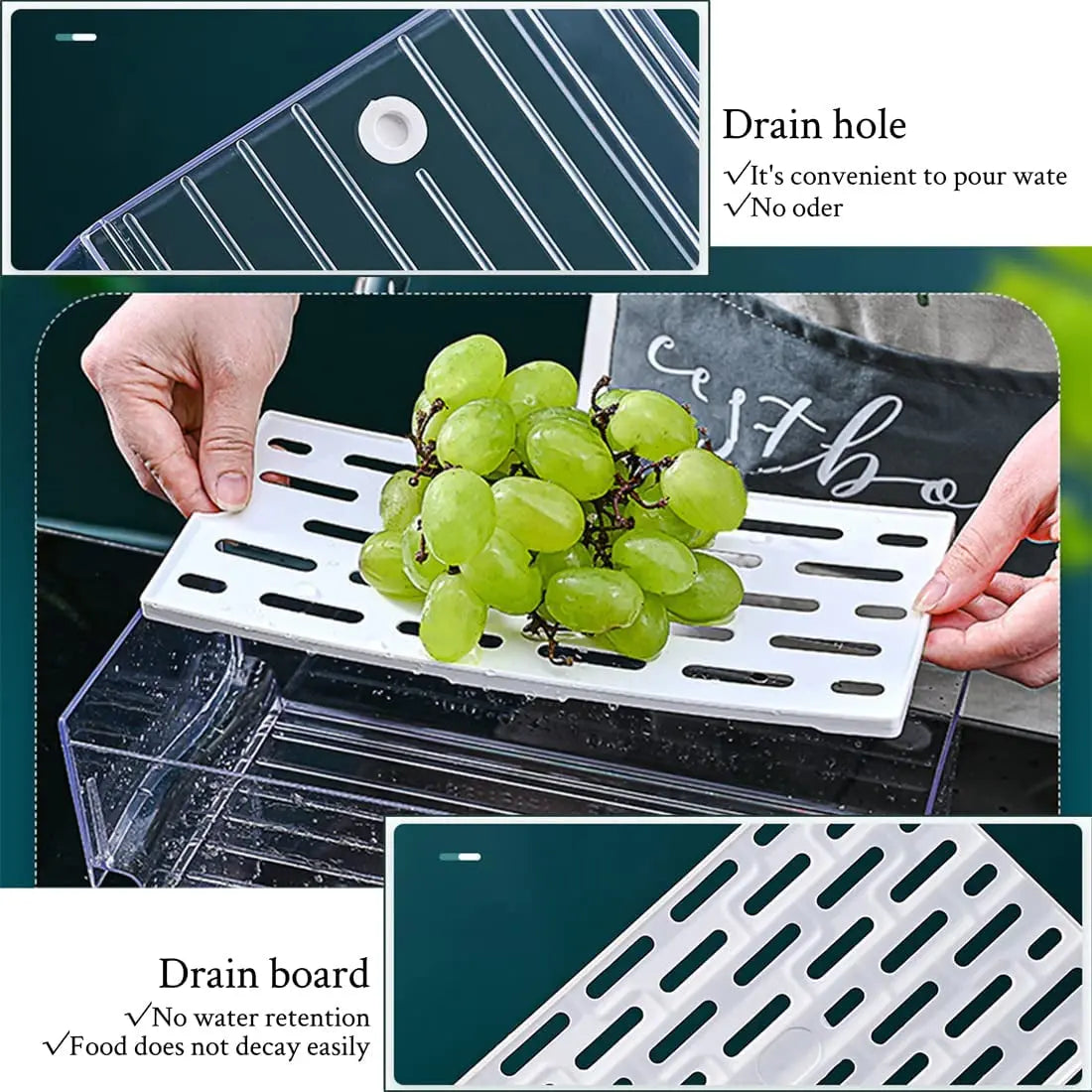 2 Pack Clear Stackable Fridge Drawers,Pull Out Fridge Organiser Bins with Lids、Drain Tray and Drawer,Large Food Container Storage Box for Fruit & Vegetable Storage