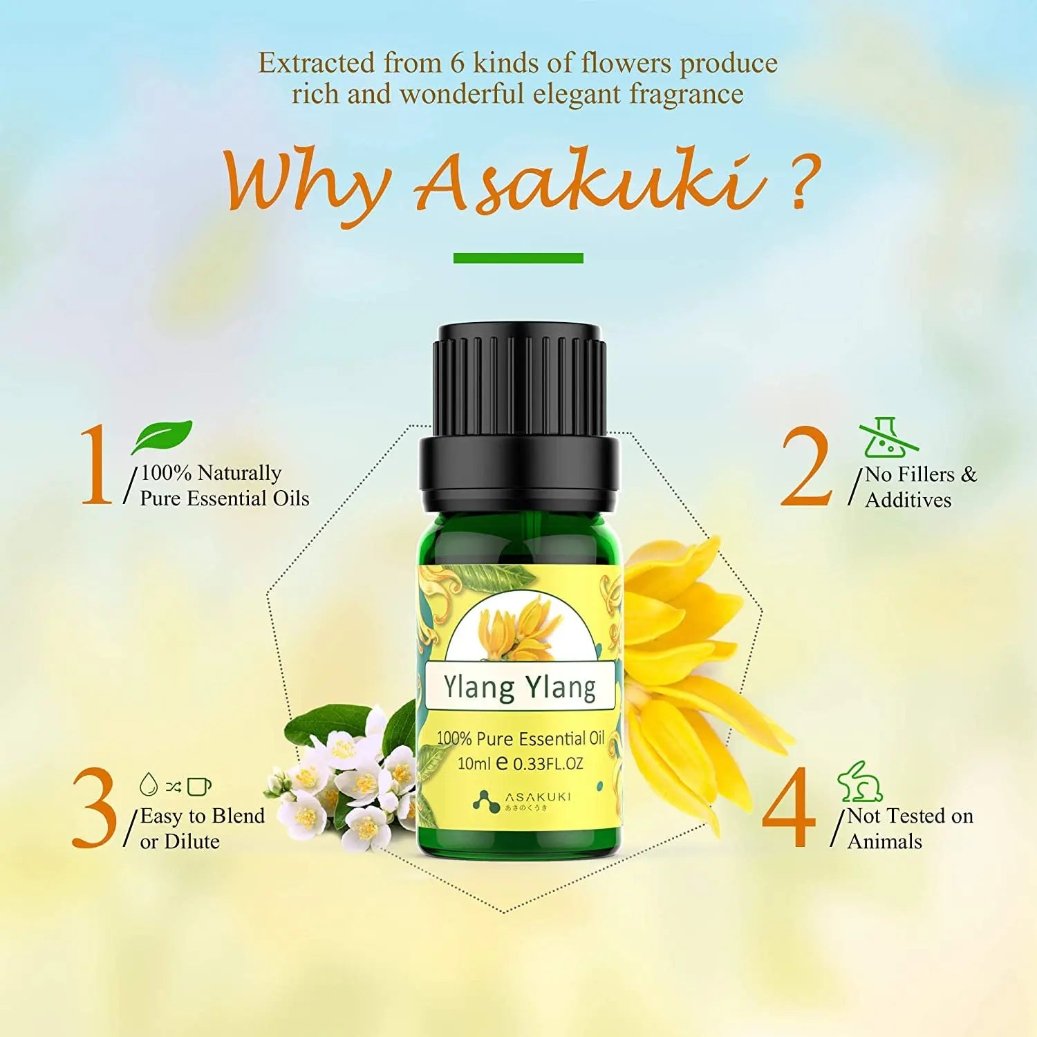 Floral Essential Oil Set, Top 6 Natural 100% Pure Aromatherapy Oils for Oil Diffusers, Jasmine, Ylang Ylang, Gardenia, Rose, Cherry Blossom, Lavender for Home and Office, Promote Focus, Positivity and Happiness