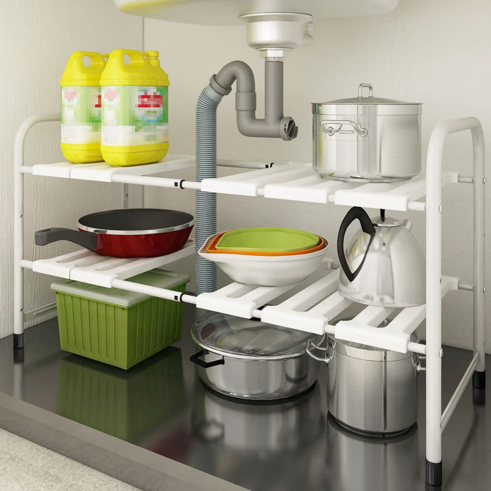 under Sink Shelf,2-Tier Adjustable and Expandable under Sink Organizer,Stainless Steel Sink Storage Rack,Multifunctional Drain Rack,Shelf for Kitchen,Pantry,Plates,Bathroom,Drawers and Cabinets (White)