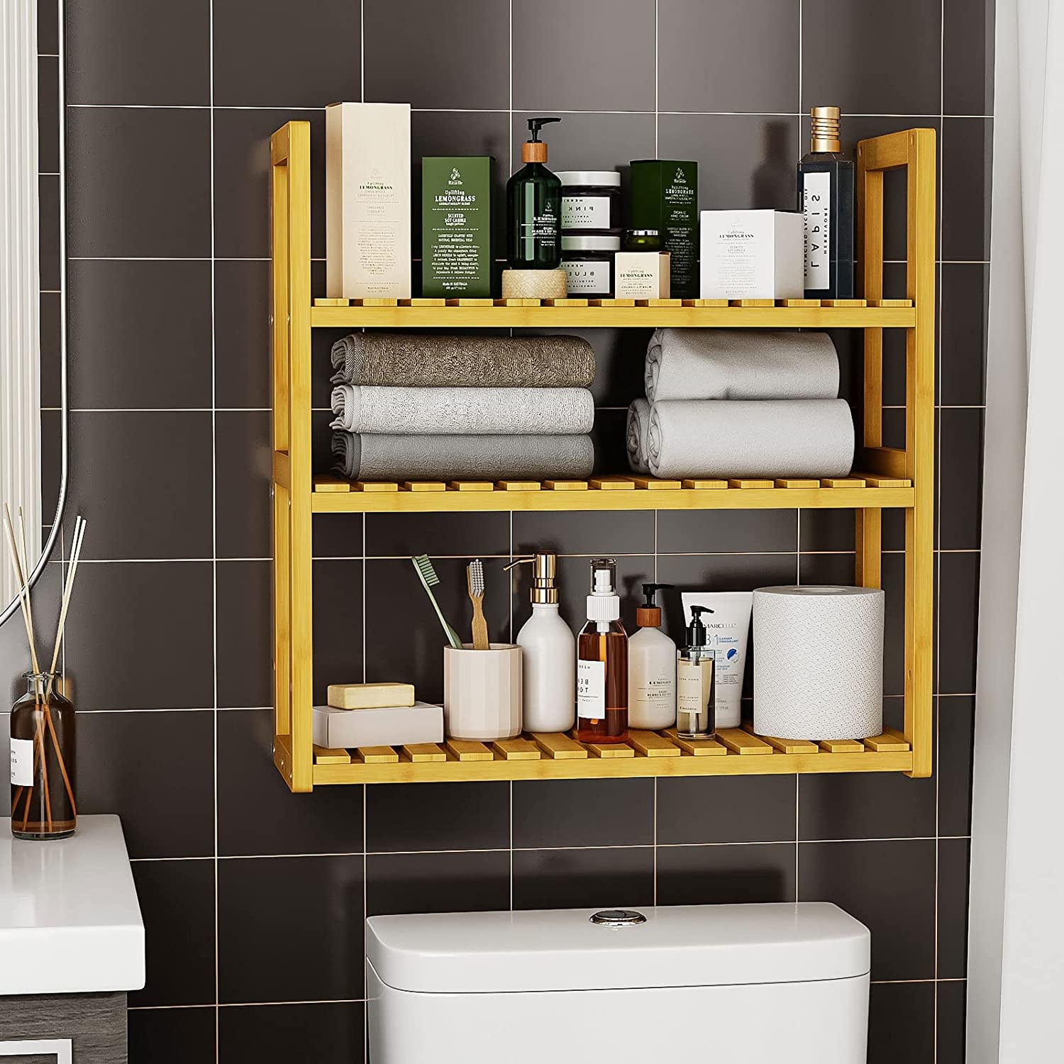 Bathroom Shelves for Storage Bamboo Adjustable 3 Tiers Plant Shelf over the Toilet Storage with Hanging Rod