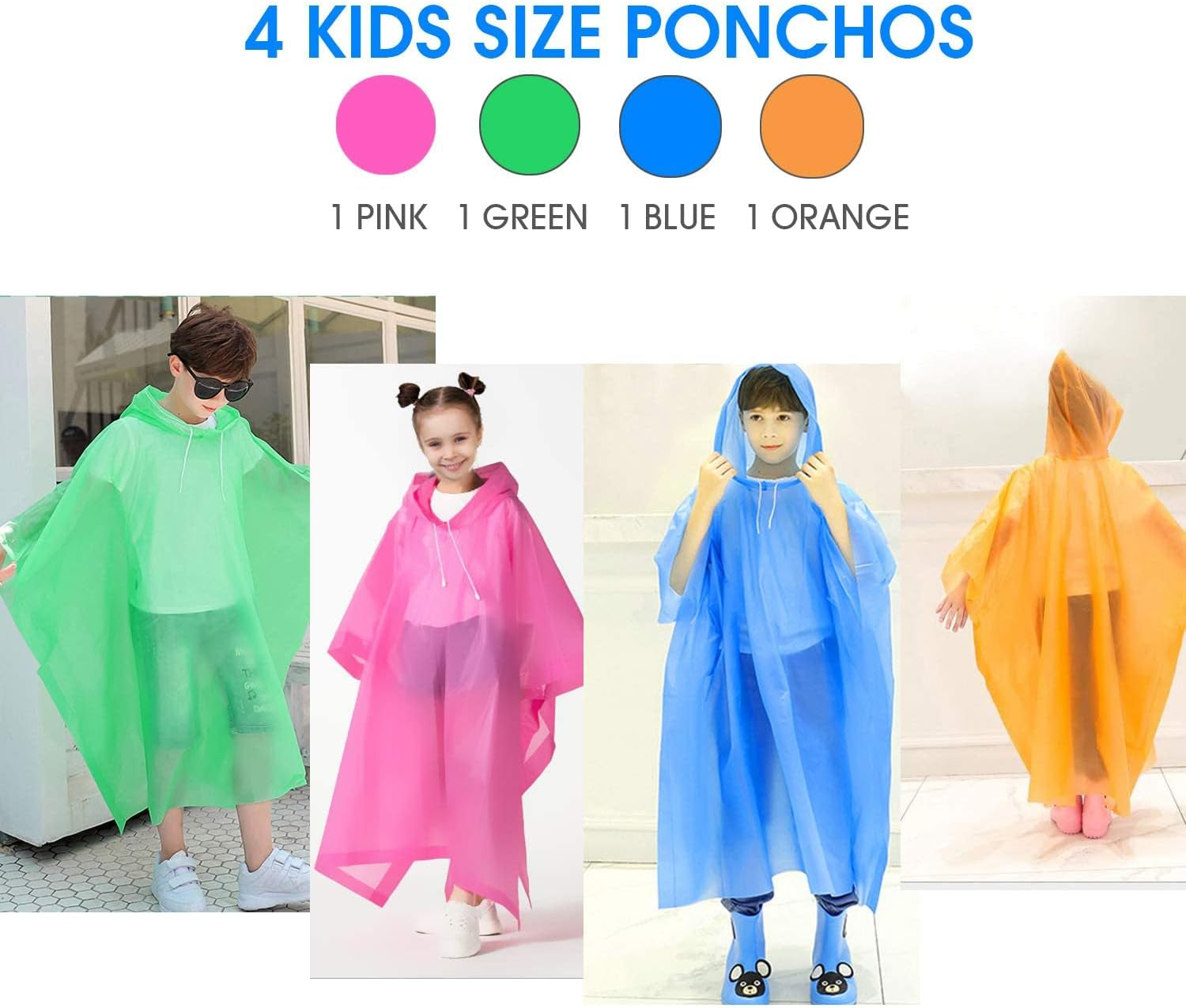 Rain Poncho for Kids, 4 PCS Waterproof Rain Hooded Poncho, Lightweight Reusable Foldable Long Clear Raincoat for Children