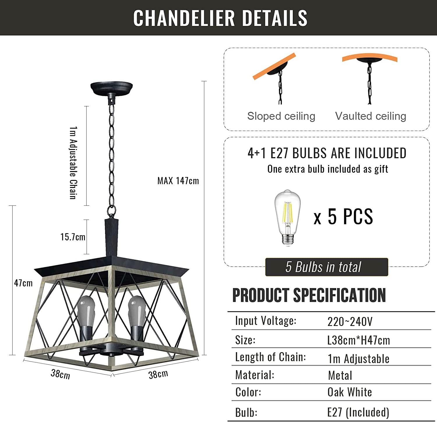 Farmhouse Chandelier 4 Lights Rustic Vintage Pendant Lights L38Xh47Cm Lantern Ceiling Light Fixture Industrial Island Light Chandeliers for Kitchen Island Dining Room Living Room Bulbs Included
