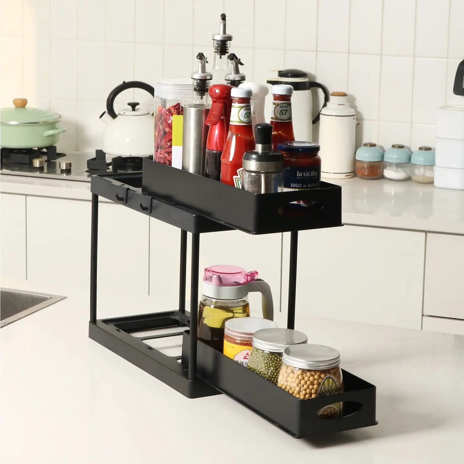 2-Tier Kitchen Spice Oil Rack ,Double Sliding Pull Out Spice Rack,Pull Out Oil Rack with 4 Hanging Hooks, Black