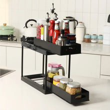 Load image into Gallery viewer, 2-Tier Kitchen Spice Oil Rack ,Double Sliding Pull Out Spice Rack,Pull Out Oil Rack with 4 Hanging Hooks, Black

