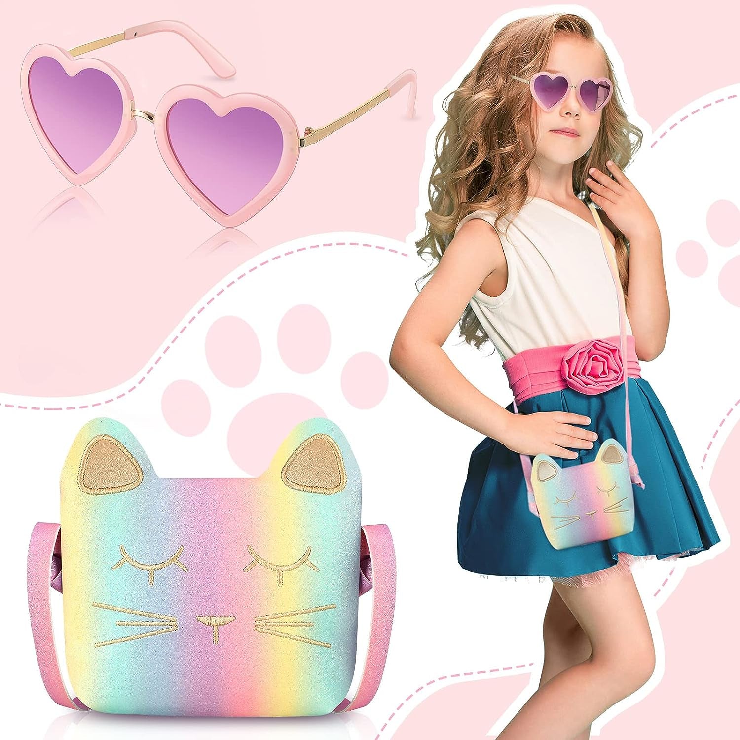 3 Pieces Toddler Pink Cute Cat Purse Heart Shaped Sunglasses with UV 400 Protection Crossbody Bag Glitter Small Wallet for Little Girl Birthday Party Gift, as Pictures