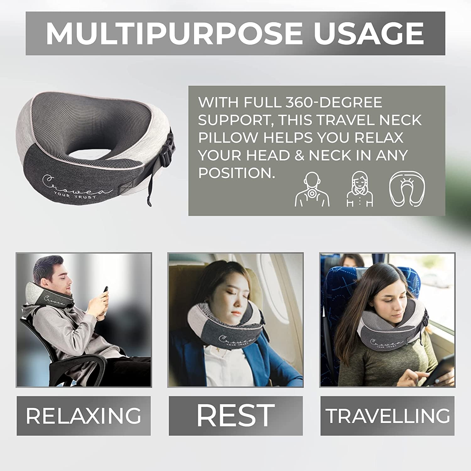 Neck Pillow - 100% Pure Memory Foam Neck Travel Pillow with 360 Degree Comfortable & Breathable Head and Neck Support, Includes Luxury Bag, Eye Mask & Earplugs for Airplane, Car (Black & Grey)