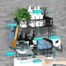 Load image into Gallery viewer, over Toilet Shower Caddy Storage Basket Shelf, 2 Tier Bathroom Storage Organizer, Free Standing Restroom Organizers for Paper Towels Shampoo, with Adhesive Base and Hooks, Space Saver
