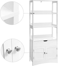 Load image into Gallery viewer, Bathroom Storage Cabinet, Tall Cabinet, Free Standing Bookshelf, with 3 Open Shelves, 1 Drawer and 1 Cupboard, 60 X 32.5 X 154 Cm, for Entryway, Kitchen, Study Room, White BBC67WT
