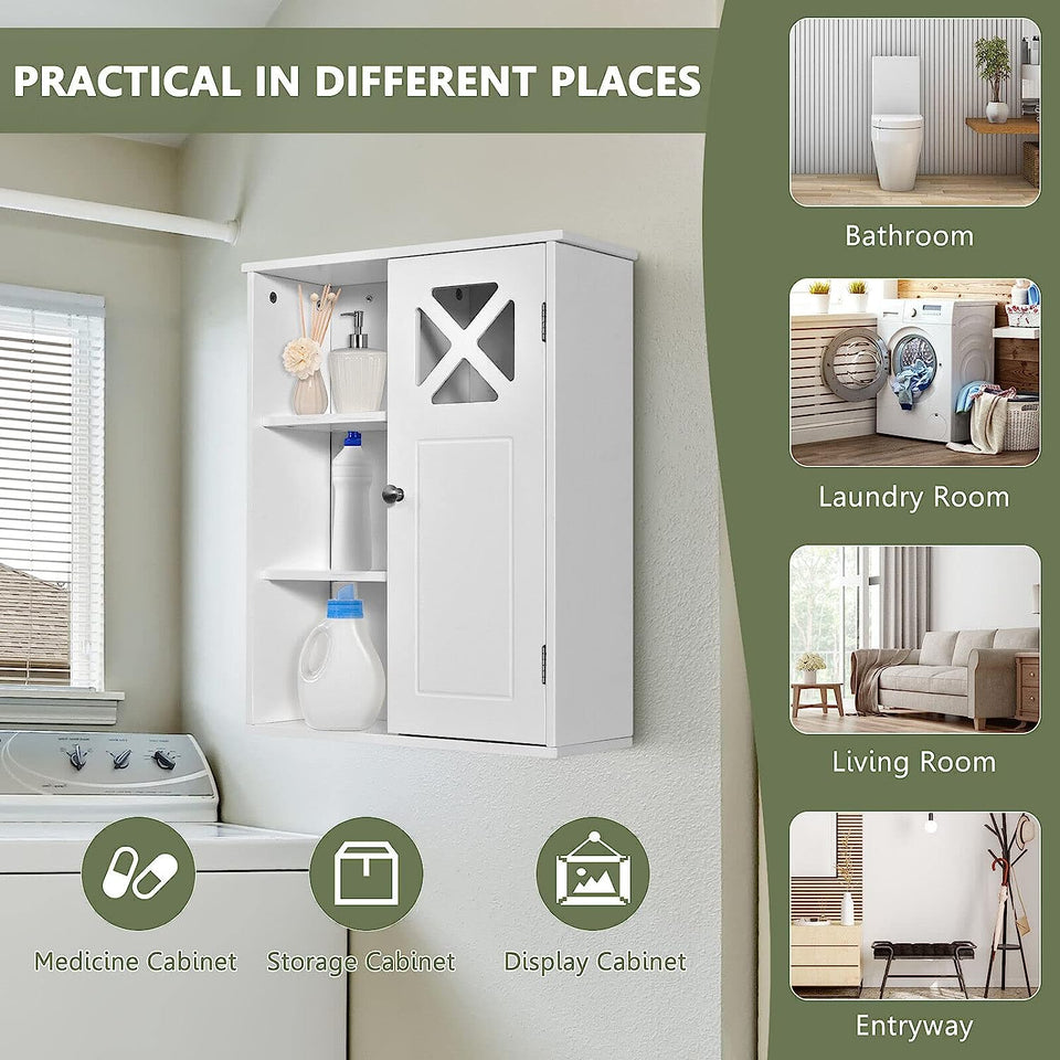 Bathroom Medicine Cabinet, Wall-Mounted Storage Cabinet, Storage Organizer W/Adjustable Shelves & Open Compartments for Bathroom, Living Room, Kitchen, White