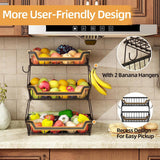 3 Tier Countertop Fruit Basket with 2 Banana Hangers for Kitchen, Detachable Metal Organizer for Bread Vegetable Fruits with Wooden Handle, Large Capacity Rectangular Storage Stand Bowls, Black