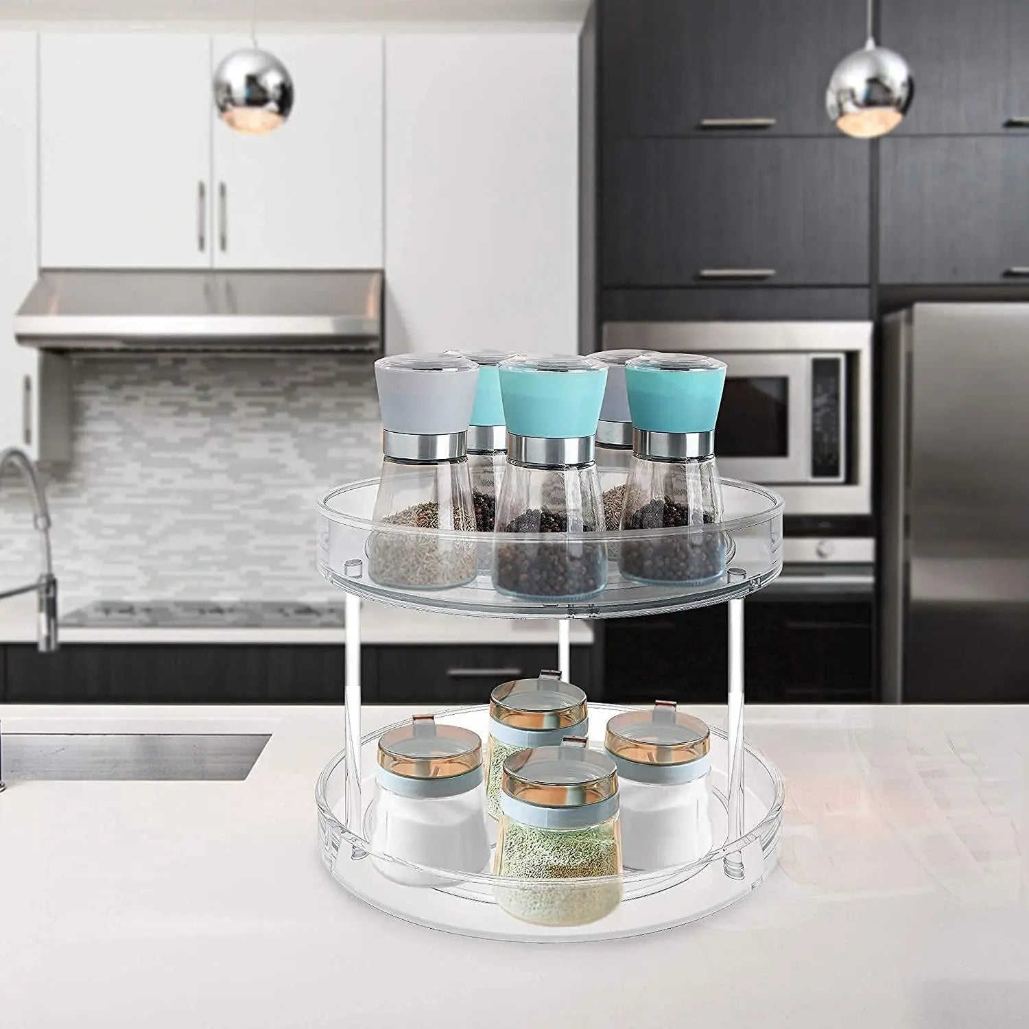 2 Tier Lazy Susan Organiser, 23.5Cm/9.25" 2 Tier Lazy Susan Turntable Cabinet Organizer Spice Storage Rack, Storage Rack for Kitchen, Makeup Holder Cosmetic Storage Rack Clear (Small)