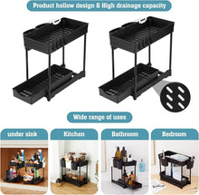 Load image into Gallery viewer, under Sink Organizer and Storage, 2 Pack 2 Tier Bathroom Restroom Kitchen Cabinet Shelf with 6 Cup 8 Hooks Multi-Purpose Cleaning Supplies Organizer
