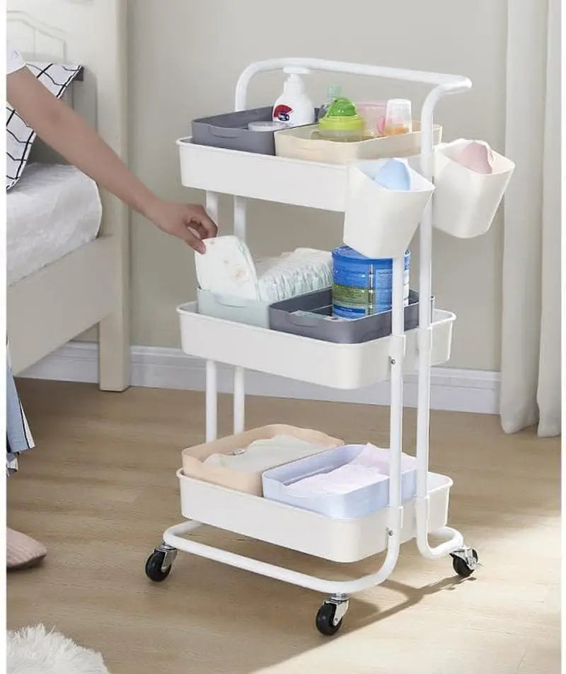 4 Tier Organizer Kitchen Moving Island with Wheels,Spice Rack Organizer with Handle Trolley,Pantry Organizer Shelf Storage Rack,Bathroom Laundry Trolley - White