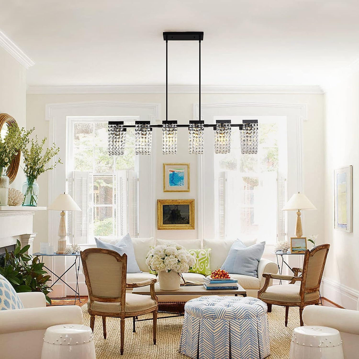 6-Light Kitchen Island Lighting Farmhouse Black Dining Room Chandelier Vintage Adjustable Linear Pendant Light Fixture with Metal&Crystal Finish (48" Length, E27 Bulbs)