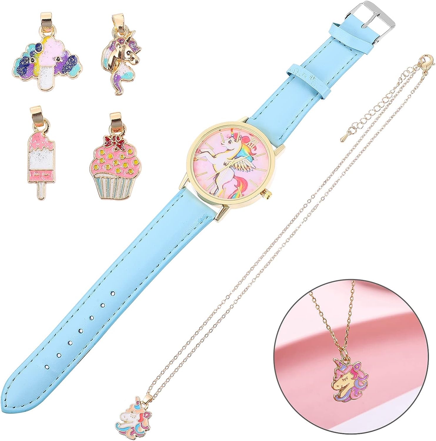 1Set6Pcs Cartoon Children Gift Kids Toddler of D Child- Girl and Year- Wrist for Baby Pendant Watch, Bracelet Girls Holiday Watches- Blue Necklace Unicorn Assorted