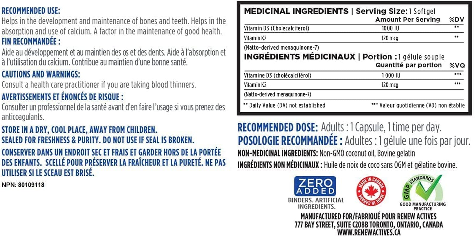 HIGH POTENCY  D3 K2 Supplement with Organic Coconut Oil for Enhanced Absorption - 1000 UI Vitamin D and 120 MCG of Vitamin K - Supports Bone, Teeth & Heart Health. Natural Immune Support. 120 Easy to Swallow Capsules. Made in Canada!