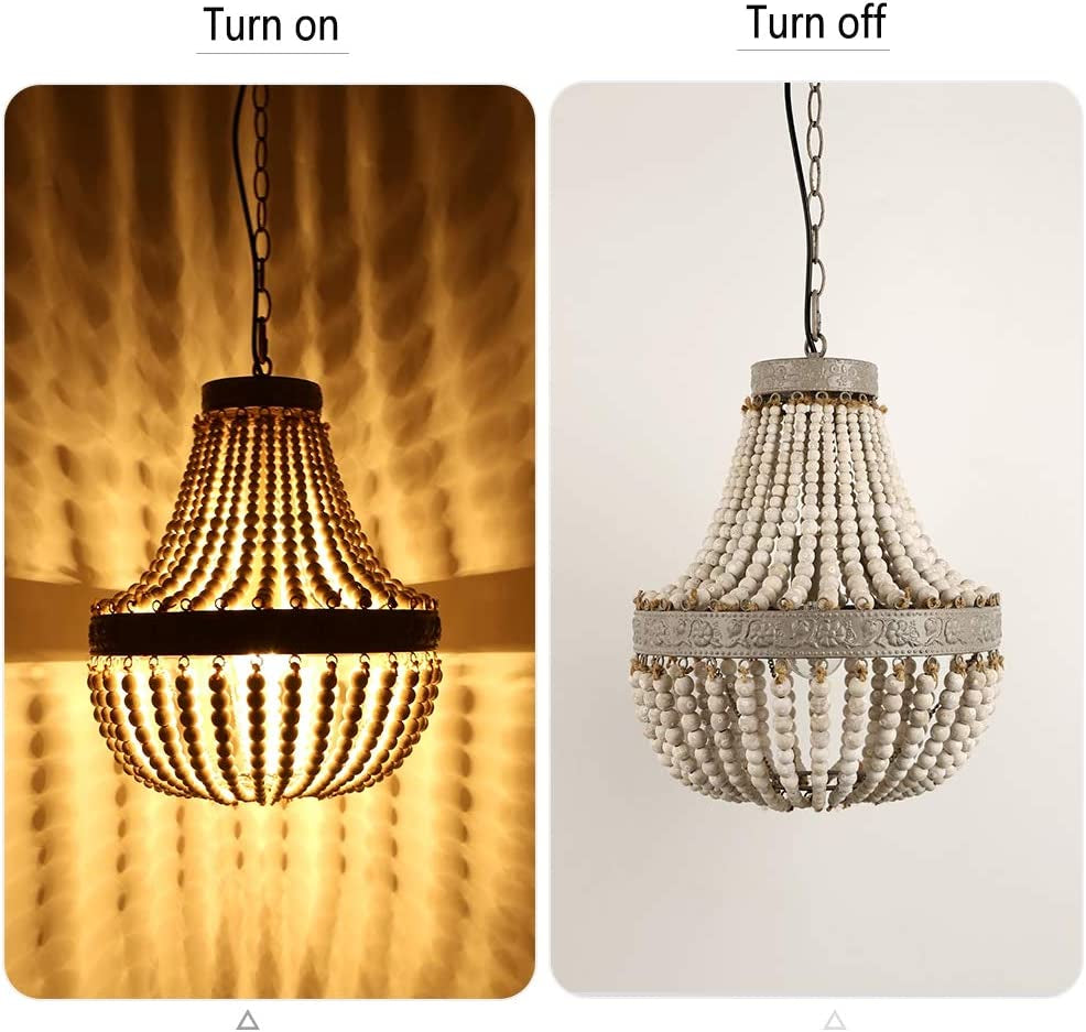 Retro Loft Vintage Rustic round Wooden Beads Pendant Lamp E27 Led Hanging Lamp Decor Lights Modern for Living Room Hotel Kitchen (Small)