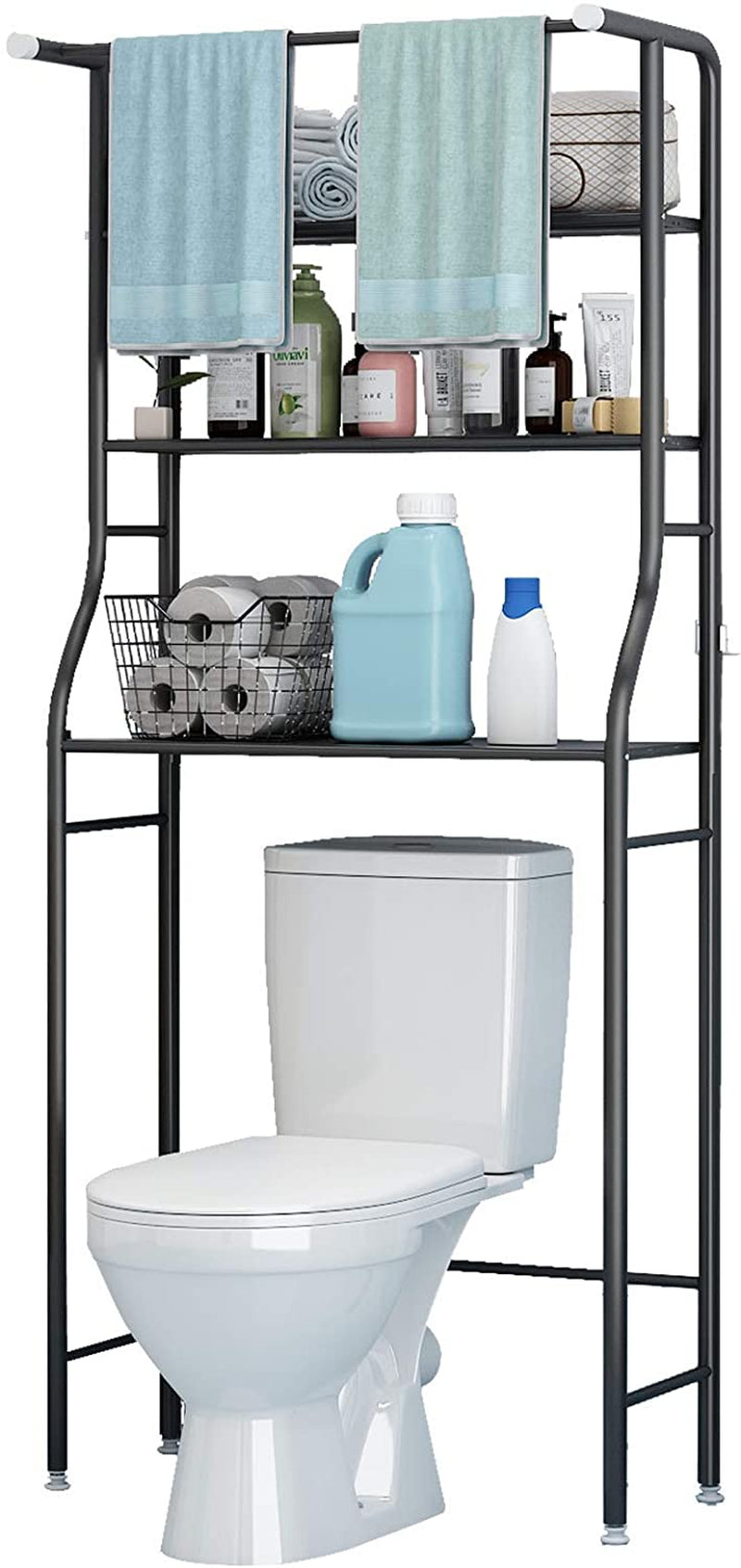 3 Shelf Bathroom Space Saver,Over the Toilet Rack,Bathroom Corner Stand Storage Organizer Accessories,The Washing Machine,With Hanging Rod,Bathroom Tower Shelf,Black