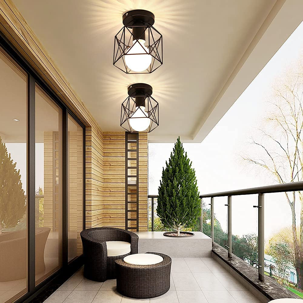 Vintage Hallway Ceiling Light E27 Edison Industrial Ceiling Light Max 40W Black Metal Semi Flush Mount Ceiling Light for Hallway Kitchen Hotel Restaurant Bar (Bulb No Included)