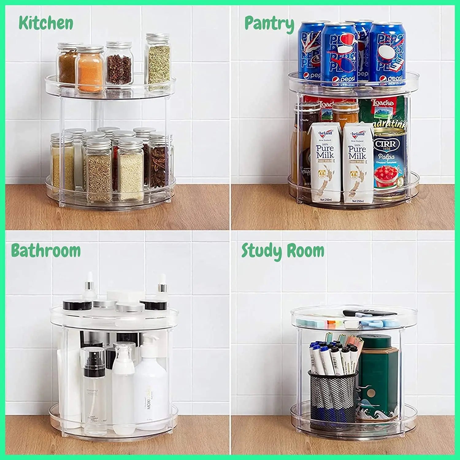 2 Tier Lazy Susan Turntable, Extra Large, Clear, 27Cm Rotating Countertop Spice Rack, Kitchen Cabinet Storage & Organisation, Pantry, Bathroom, Vanity, Fridge, Condiment, Cosmetic, Studyroom. (2 Tier - XL)