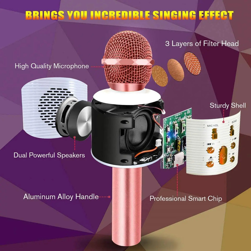 CREUSA Wireless Microphone, Portable Cordless Mic Handheld Karaoke Family, Kids Player KTV Speaker with LED Ideal for Karaoke (Pink) pattanaustralia