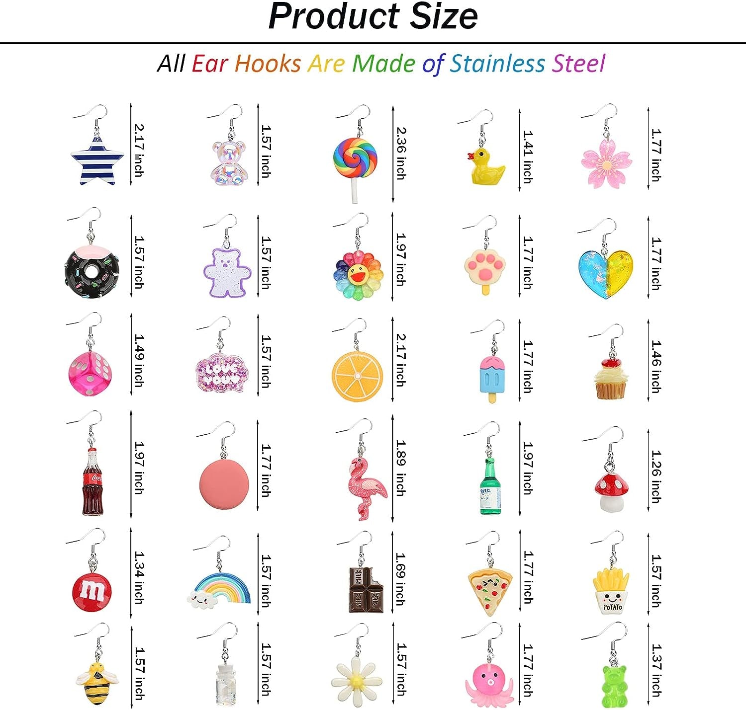 30 Pairs Weird Fun Cute Earrings for Women Kawaii Earrings Including Flamingo Rainbow Duck Gummy Bear Water Bottle Pizza Fries Mushroom Conch Drop Dangle Earring Set for Girls
