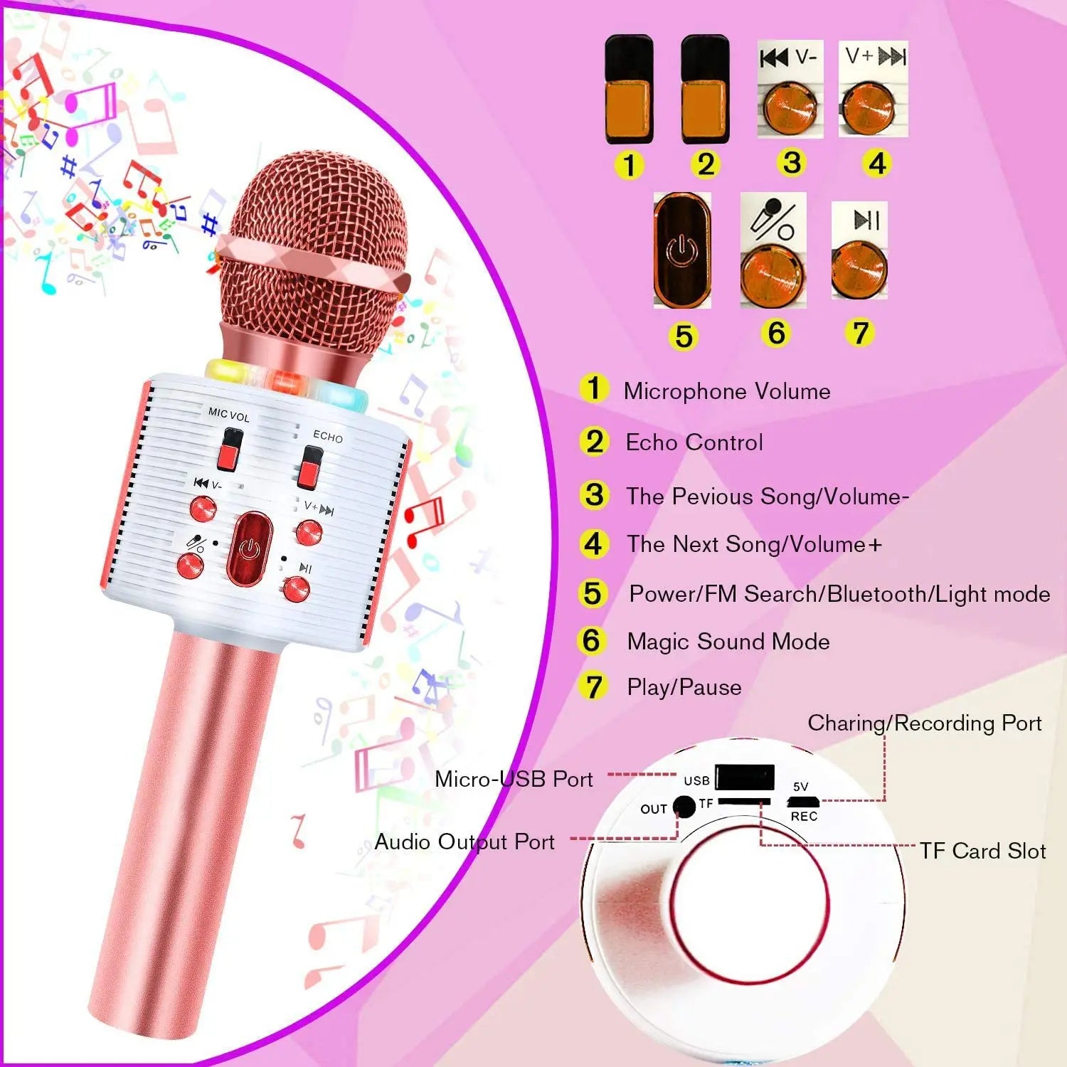 CREUSA Wireless Microphone, Portable Cordless Mic Handheld Karaoke Family, Kids Player KTV Speaker with LED Ideal for Karaoke (Pink) pattanaustralia