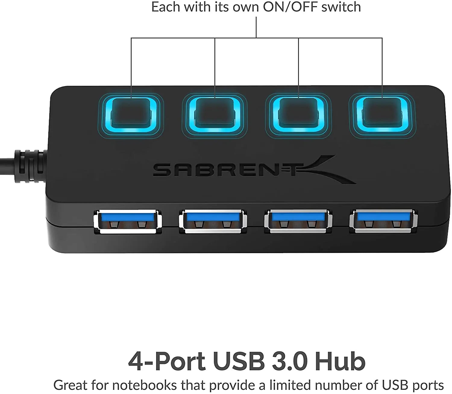 Sabrent 4-Port USB 3.0 Data Hub with Individual LED Power Switches | 2 Ft Cable | Slim & Portable (HB-UM43) pattanaustralia