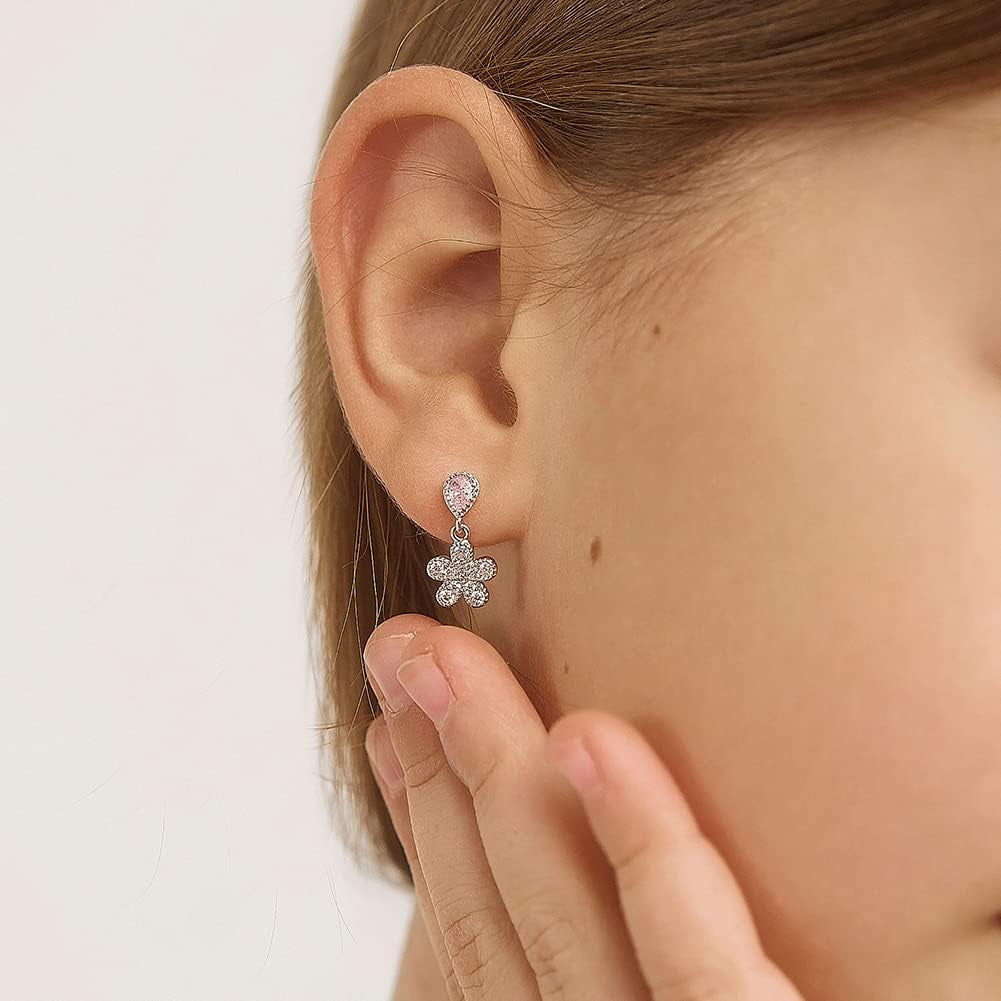 925 Sterling Silver Clear Pink CZ Teardrop Flower Dangle Screw Back Earrings Girls