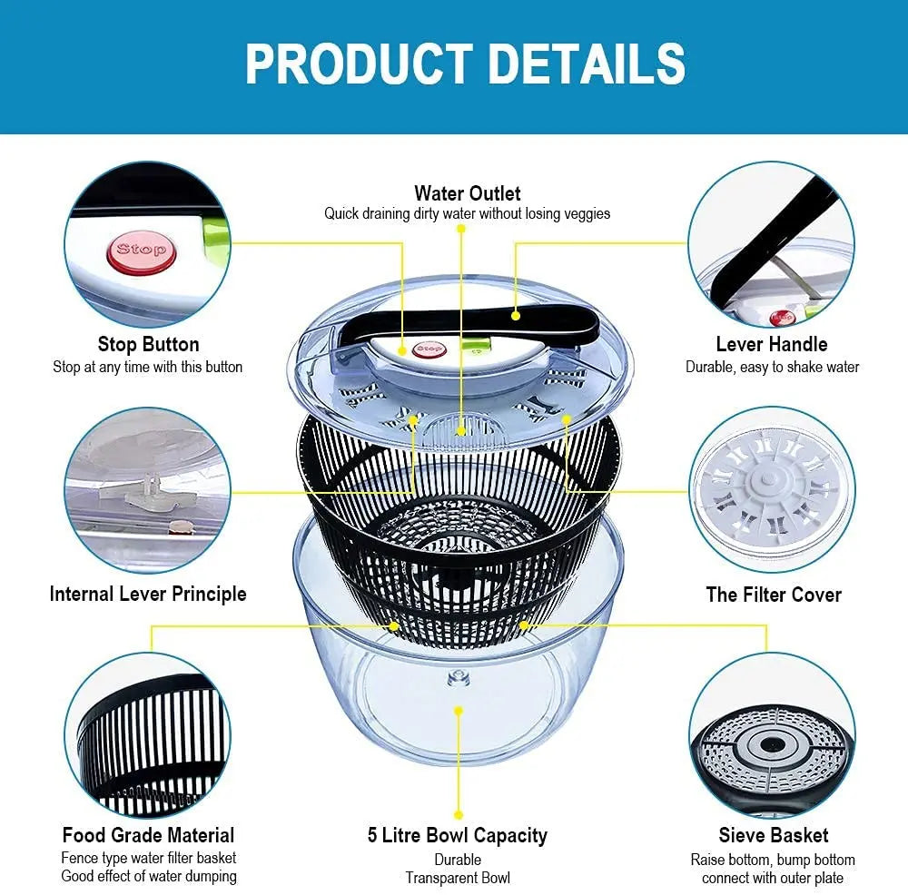 Salad Spinner Large Multifunctional 4.5 Quart Design BPA Free, Manual, Crank Handle & Locking Fruits and Vegetables Dryer Pattan Australia