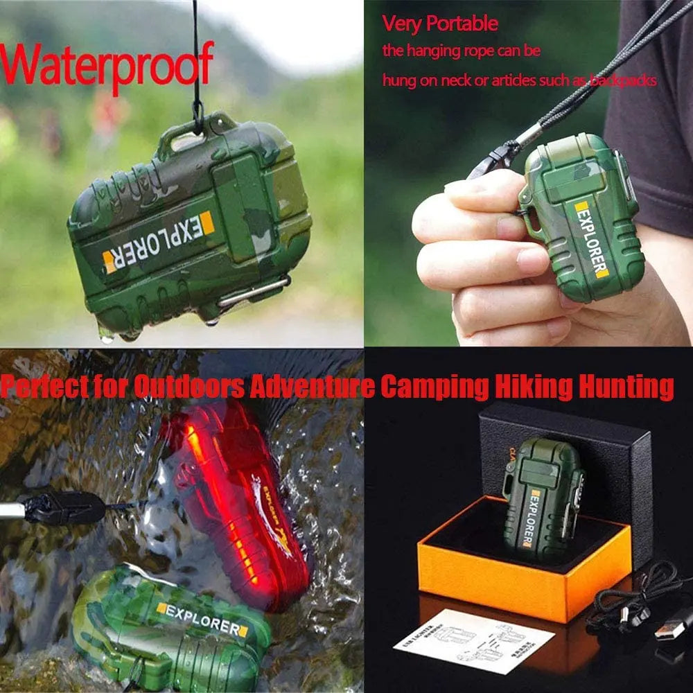 Waterproof Dual Arc Lighter,USB Rechargeable Windproof Flameless Electric Lighter with Lanyard for Outdoors Adventure Camping Hiking Hunting pattanaustralia