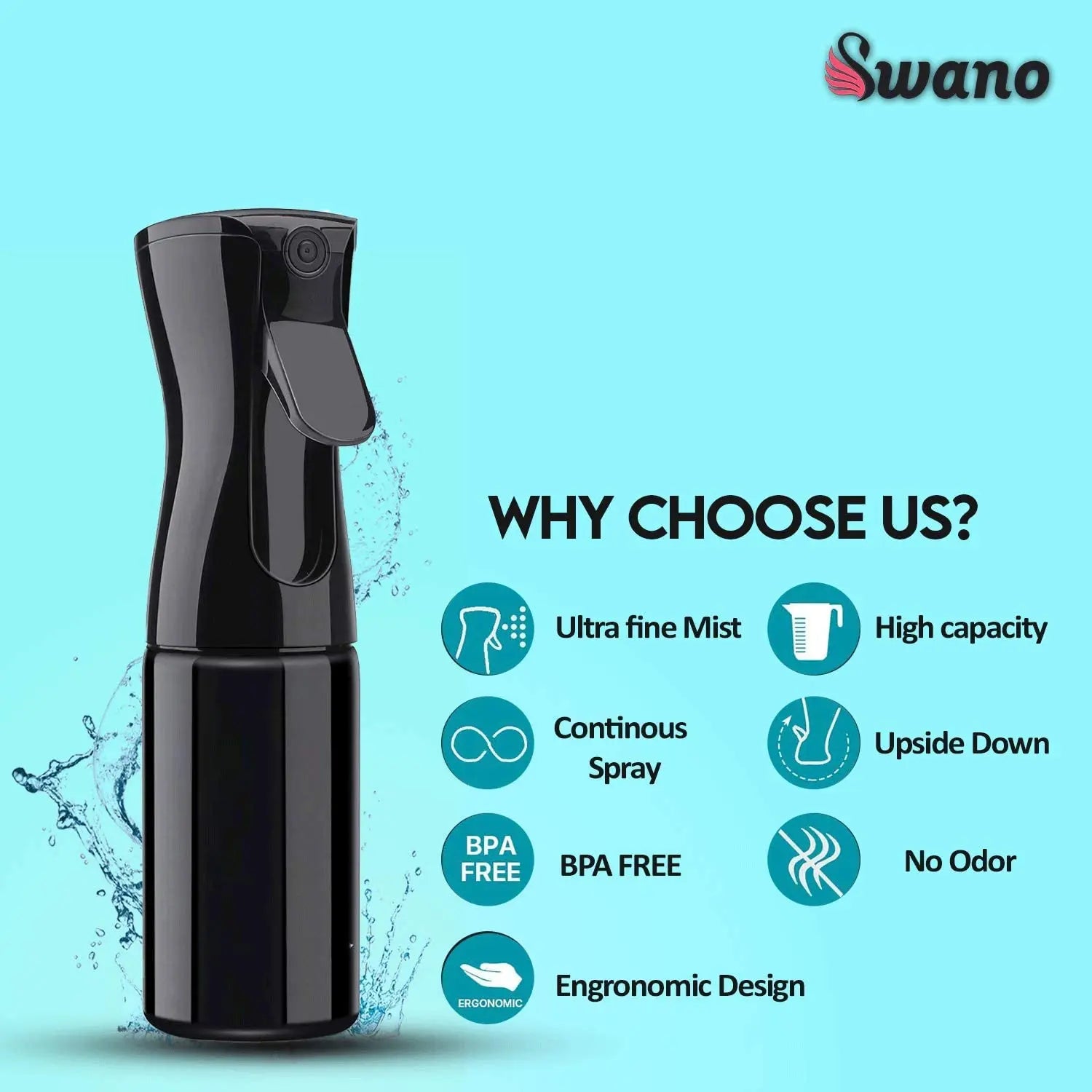 Swano Spray Bottle 200ML Black, for Cleaning, Hair Curling, Plants and Skin Care Pattan Australia