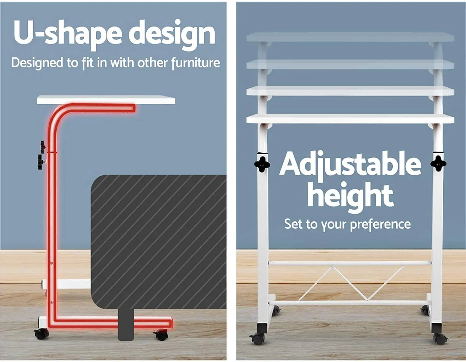 Mobile Laptop Desk Adjustable Height 360°Rotation Wooden Table Top Metal Frame Notebook, Computer Stand for Home Office - White pattanaustralia