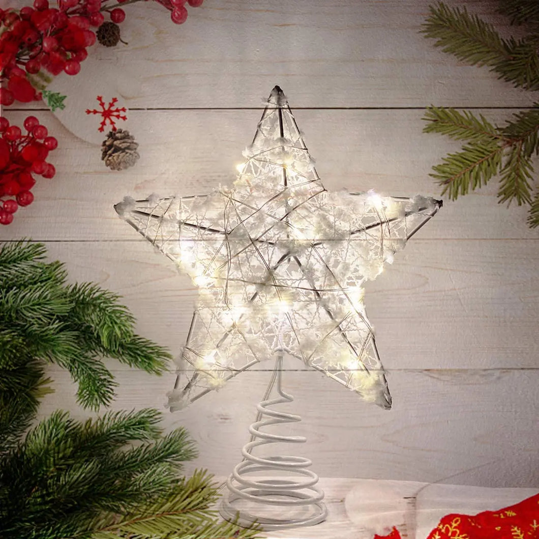 Christmas Tree Ornament Lighted  10 Inches Glitter Xmas Star with 30 White LED Lights