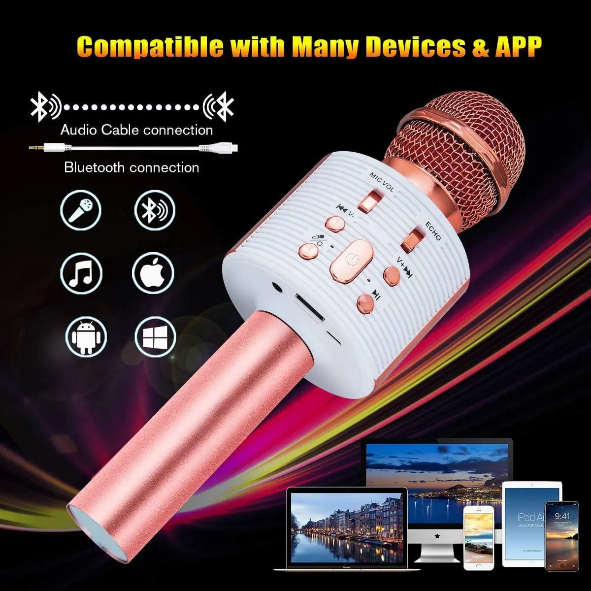 CREUSA Wireless Microphone, Portable Cordless Mic Handheld Karaoke Family, Kids Player KTV Speaker with LED Ideal for Karaoke (Pink) pattanaustralia