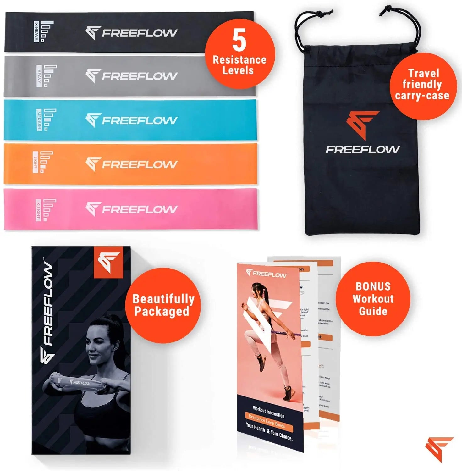 FREEFLOW Fitness Resistance Bands  for Arms, Shoulders, Legs & Butt 5 Levels Stretch Strength Pattan Australia