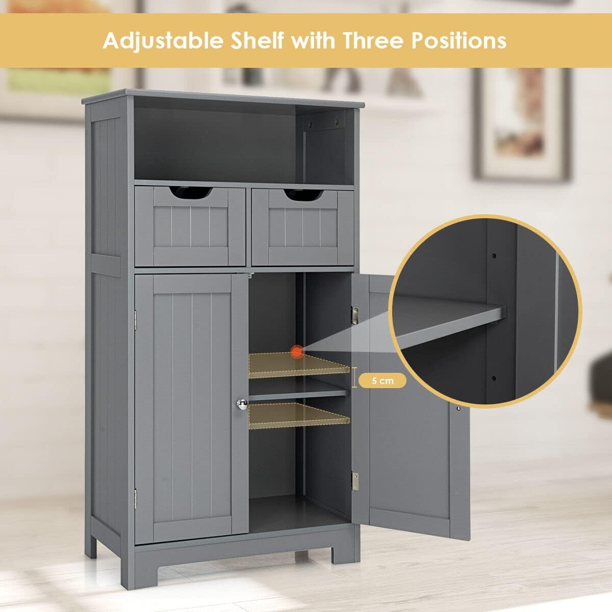 Bathroom Floor Cabinet, Storage Cabinet W/One Open Shelf Two Doors and Two Adjustable Drawers, Standing Cupboard for Kitchen, Cabinet for Living Room Bathroom Bedroom Home Office (Grey)