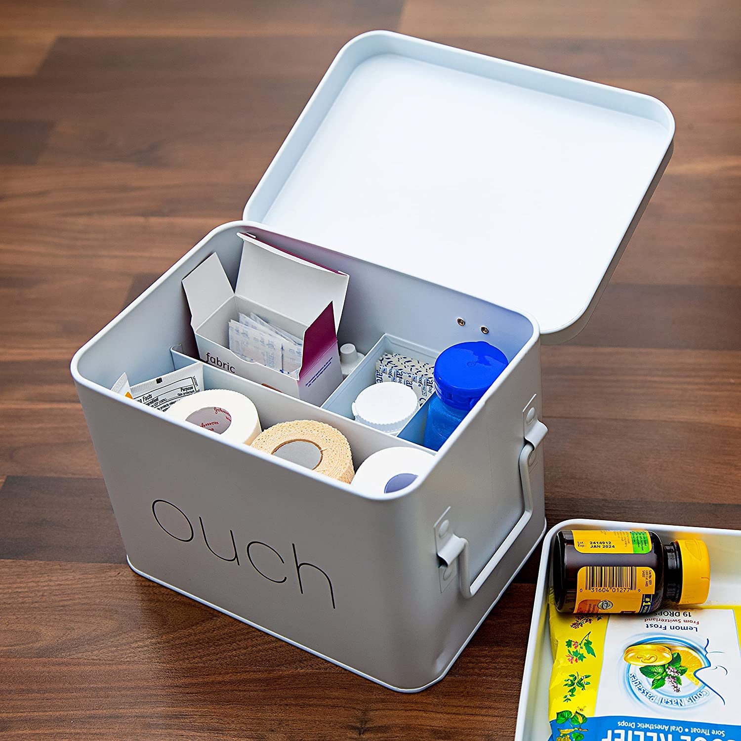 Organizational Divided Metal Tin Caddy with Hinged Lid & Removable Tray, Storage Box for First Aid, Medicine and Pharmacy Items, Bandages, Toiletries, Bathroom Supplies - Matte White & Black