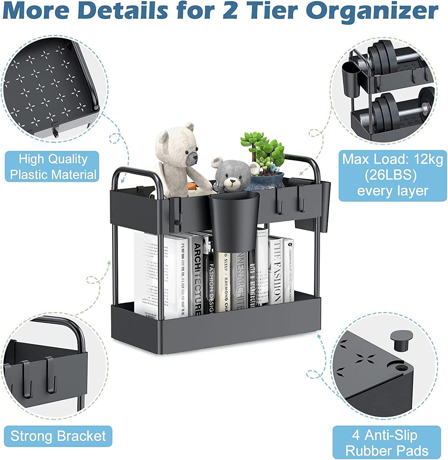 under Sink Organizer, 2 Tier Kitchen under Sink Storage Rack Bathroom Countertop Shelf Organiser with 4 Hooks 2 Hanging Cups and Anti-Foot for Bathroom Kitchen Spice Makeup Vanity Narrow Space