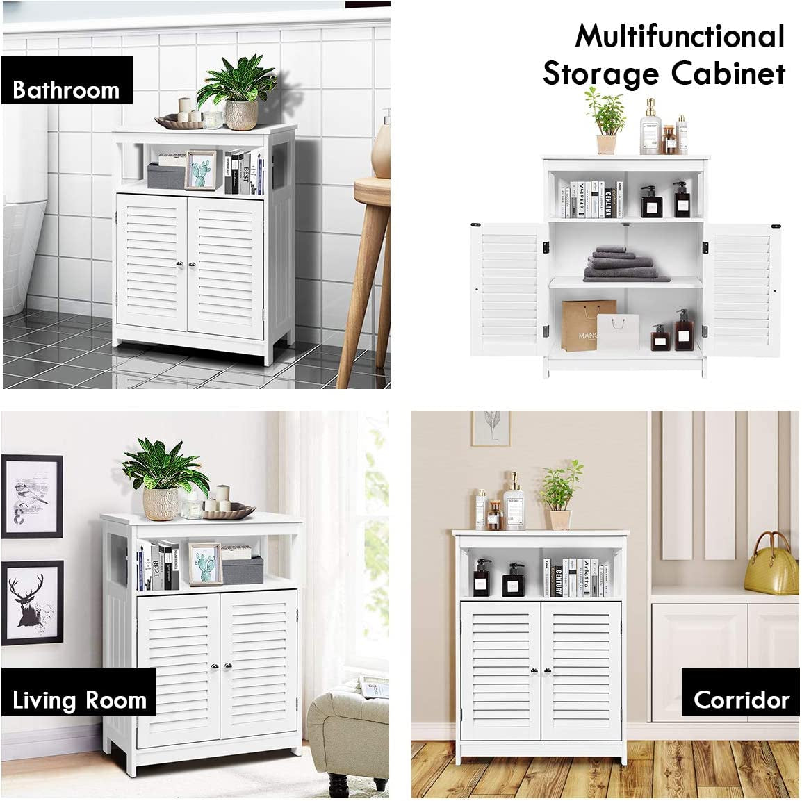 Bathroom Floor Cabinet, Wooden Storage Cabinet W/Double Shutter Door & Height Adjustable Shelf, Free Standing Kitchen Cupboard, Entryway Storage Cabinet, 60 X 30 X 80 Cm (White)