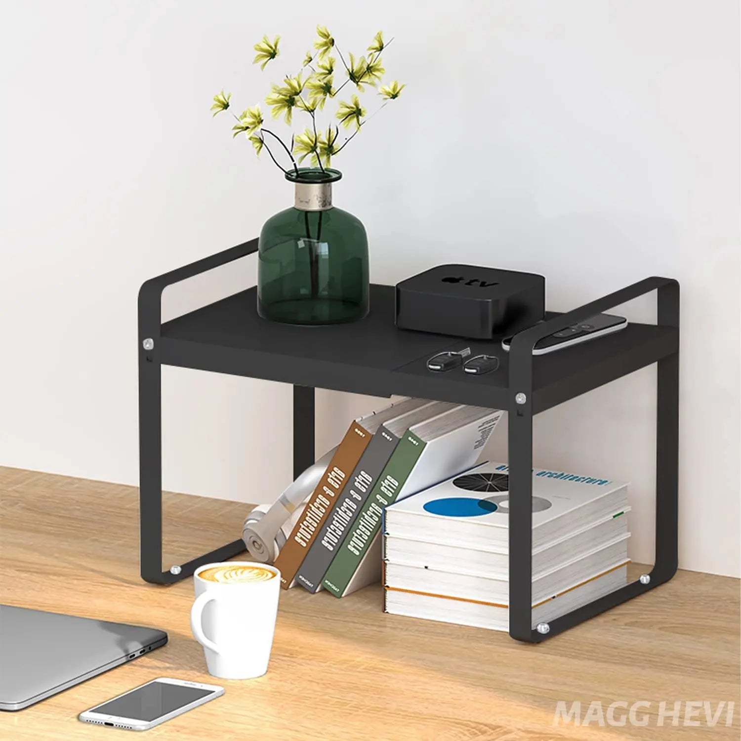 MAGGHEVI Expandable Cabinet Shelf Organizer Storage Rack，Cupboard Stand Spice Rack，Pantry Shelves Space Riser for Kitchen Bathroom，Metal Plate Heavy Duty Nonslip (Black)