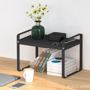 MAGGHEVI Expandable Cabinet Shelf Organizer Storage Rack，Cupboard Stand Spice Rack，Pantry Shelves Space Riser for Kitchen Bathroom，Metal Plate Heavy Duty Nonslip (Black)