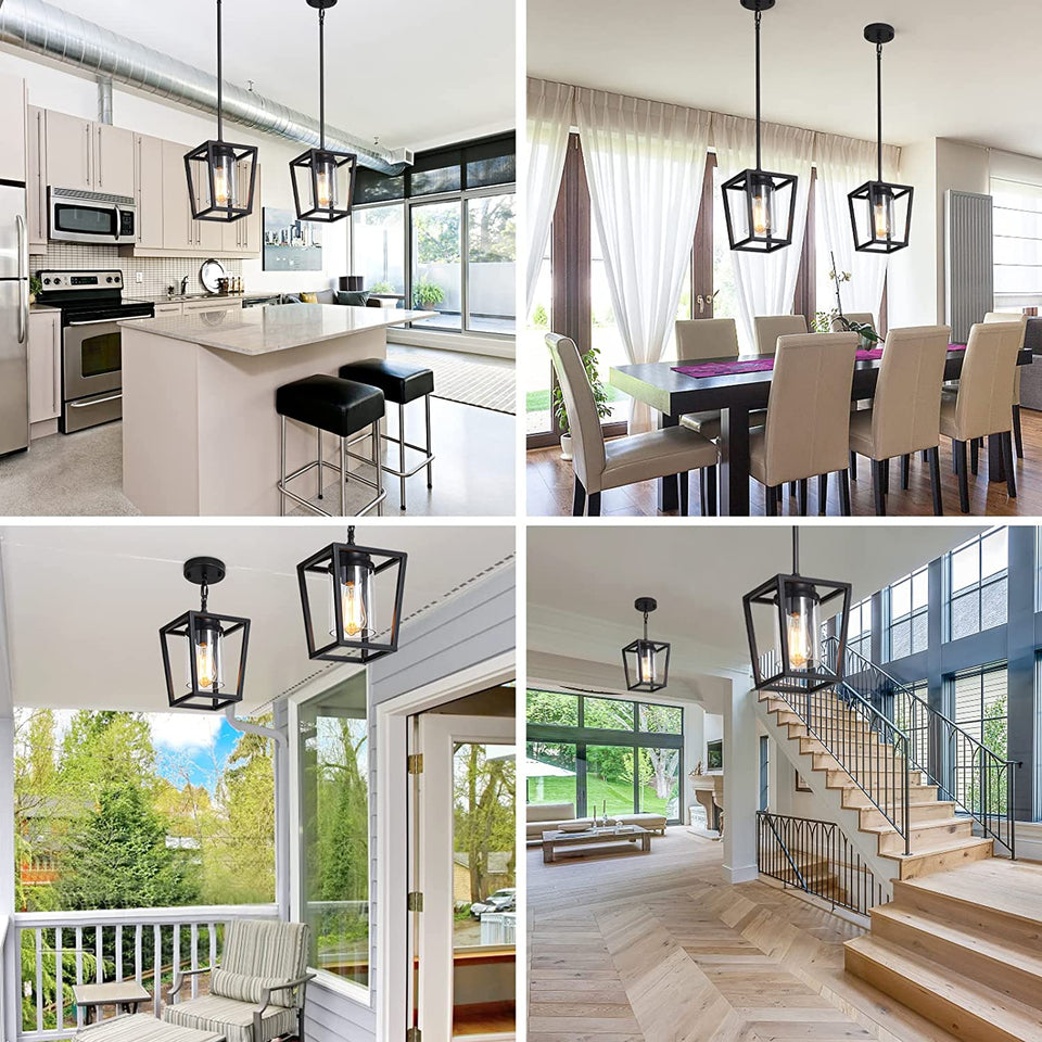 Pendant Lighting for Kitchen Island, 1-Light Black Pendant Lights with Glass Shade, Cage Hanging Light Fixtures, Farmhouse Pendant Light for Dining Room, Entryway, Hallway, Foyer